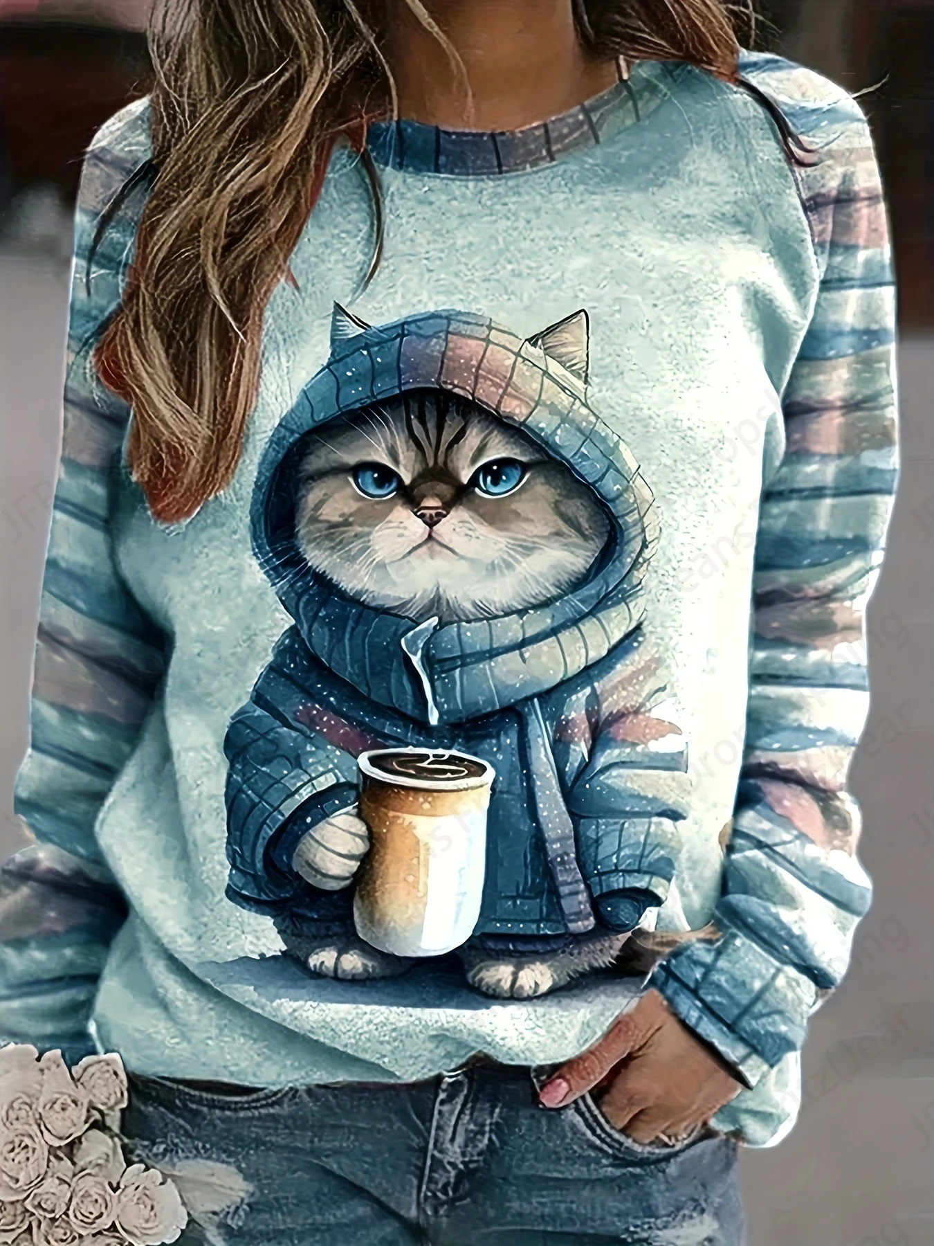 Sudadera con capucha con estampado 3d de gato y café para mujer, sudaderas informales con cuello redondo a la moda, sudaderas con animales y gatos, abrigos para niña, sudaderas para mujer, ropa femenina