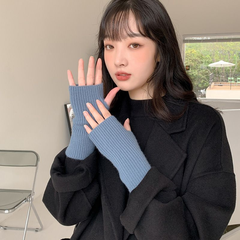 女性用フィンガーレスアームスリーブ手袋、モノクロ、ニット、伸縮性、ハンドウォーマー、カジュアル、ソフトミトン、暖かい、冬、20cm