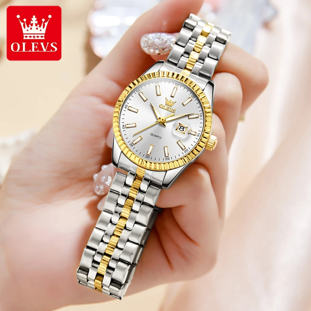 OLEVS 5593 reloj de mujer de acero inoxidable resistente al agua con fecha automática elegante reloj de pulsera para mujer reloj de cuarzo Original de lujo para mujer nuevo