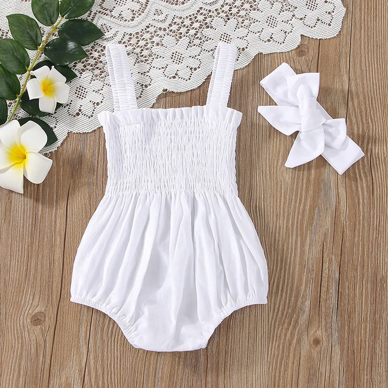 Ropa de bebé, mono de verano, conjunto de Color sólido fruncido para niño niña, informal, sin mangas, con tirantes, peleles para niños, conjunto con diadema