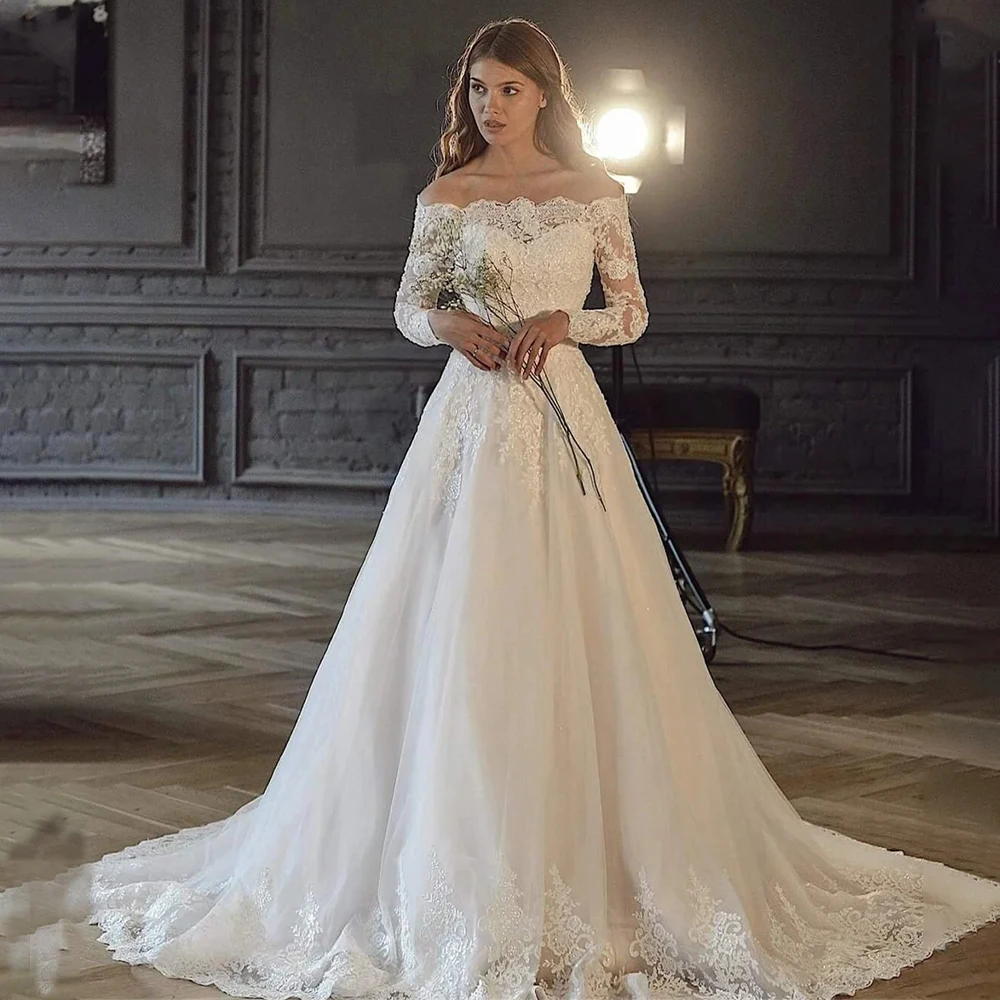 Abiti da sposa vintage con spalle scoperte maniche lunghe in pizzo applique A Line Sweep Train 2025 Vestido De Noival