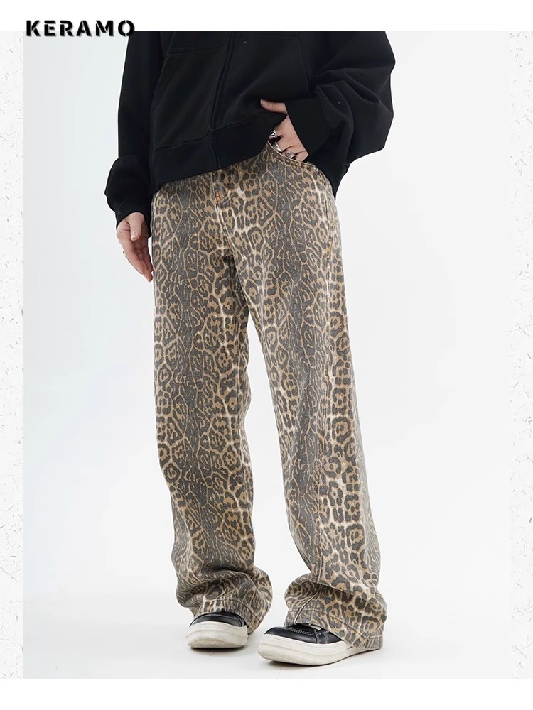 Vintage leopardo impressão jeans feminino primavera oversize casual hip pop perna larga calças tendência cintura alta pantera denim calças senhoras