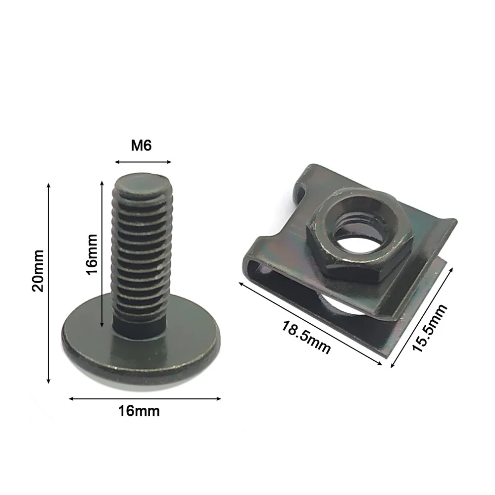 Juego de 10 tornillos de cubierta de plástico para motocicleta, Scooter, ATV, ciclomotor y Clips tipo U con tuerca M6 6mm M6X16