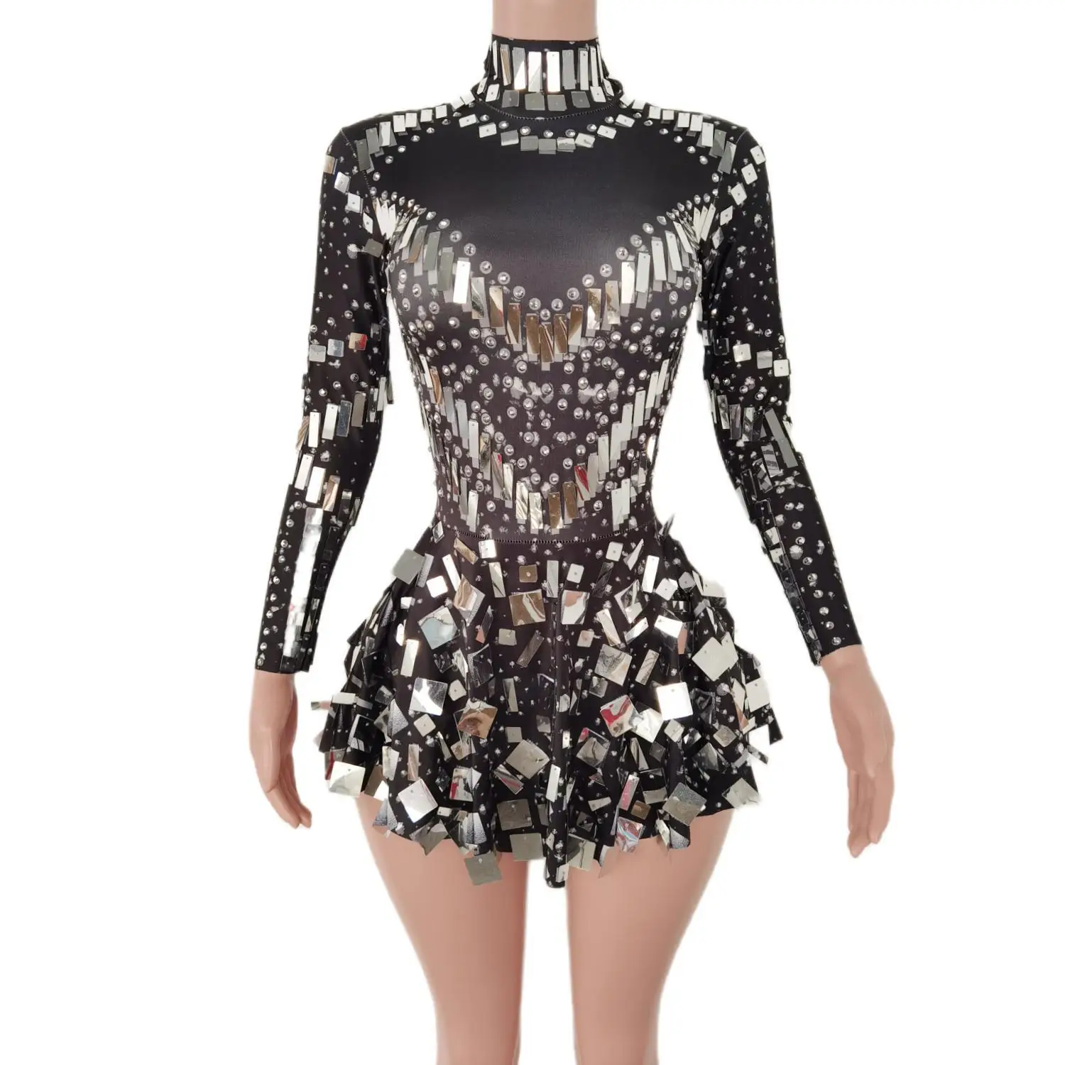 Traje de espejo brillante para mujer, Vestido corto de lentejuelas plateadas, traje de baile de Bar, vestidos de fiesta de graduación, ropa de escenario de cantante