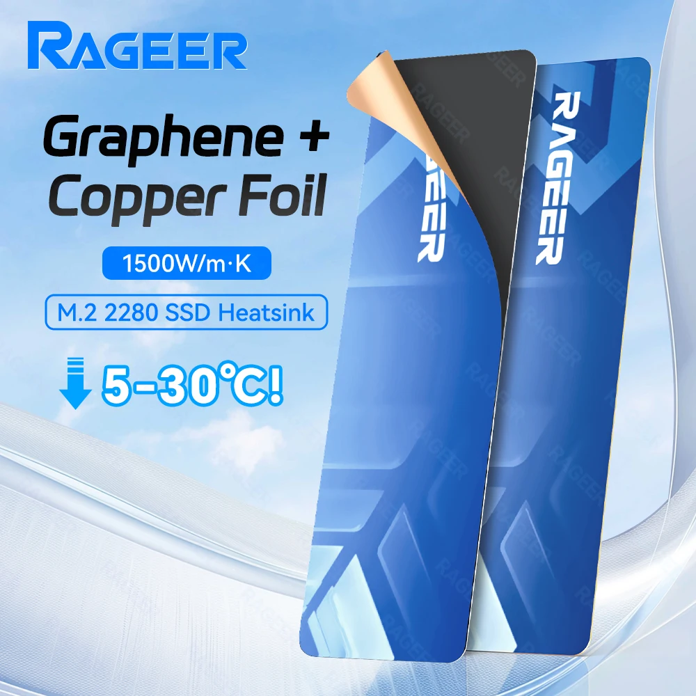 SSD RAGEER M.2 2280 Графеновый + Медь + Термопрокладка Трехслойный охладитель высокой проводимости 0,5 мм для ноутбуков/ПК/PS5, 2 шт./5 шт.