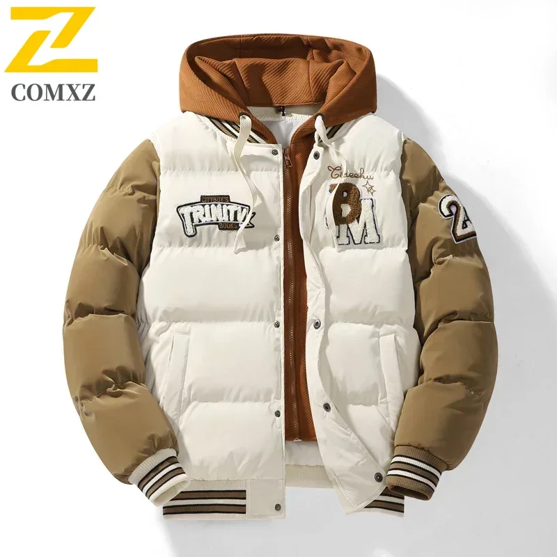 Jaqueta de beisebol de inverno 2024 novo design bordado casaco jovem ao ar livre falso 2 peças esportes masculinos jaqueta de algodão com capuz plus size
