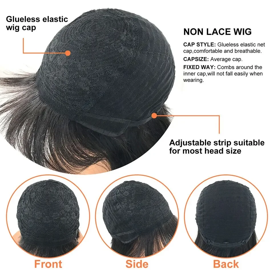 Cabelo humano brasileiro em linha reta pixie bob peruca curta com franja cabelo remy máquina completa feita para preto feminino acessível usar para ir