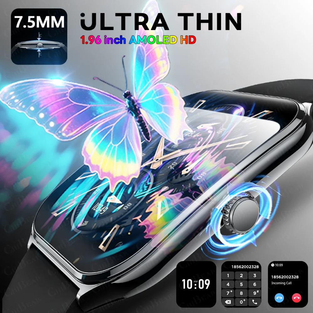 2025 Nowy ultracienki inteligentny zegarek męski 7,5 mm 1,96-calowy ekran AMOLED z wyświetlaniem czasu na zawsze Tętno Sport Wodoodporny inteligentny zegarek z funkcją połączeń BT