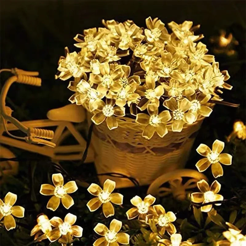 พลังงานแสงอาทิตย์ Fairy String Light SAKURA Garlands 5M พีชดอกไม้ CherryLED โคมไฟสําหรับงานแต่งงานสวนตกแต่งกลางแจ้งไฟ LED