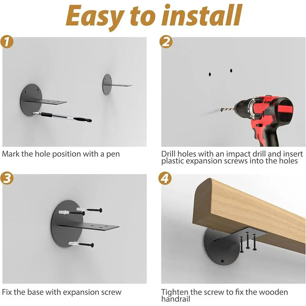 2FT Wooden Stair Handrail Non-Slip Sturdy Wall Mount Pine Support Indoor Outdoor Safety Handrails Easy Installation