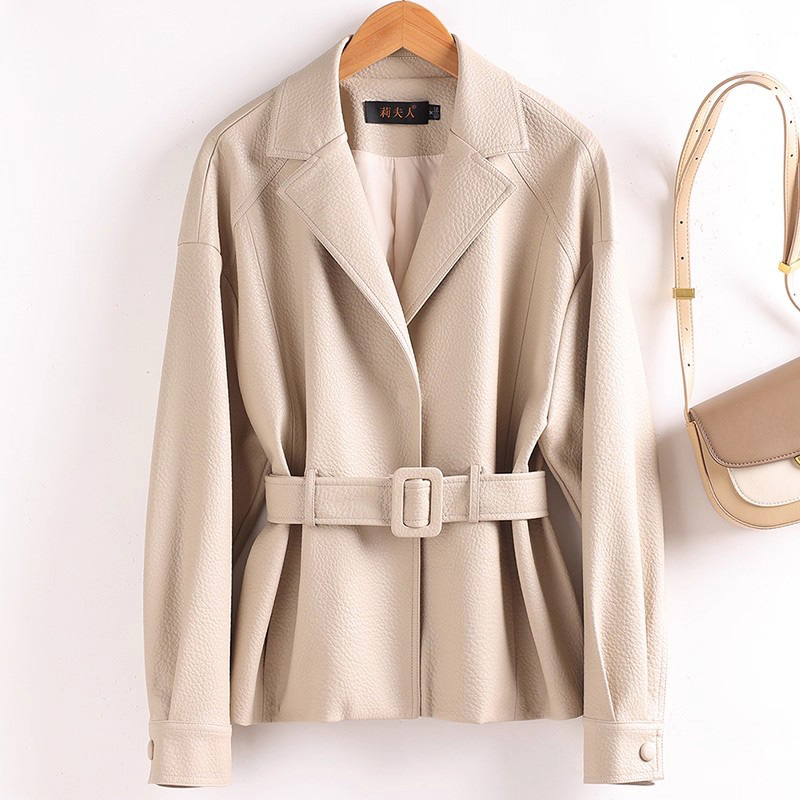 Nouveau Femmes Refente de cuir Blazer avec ceinture fine Printemps Automne Mode Col cranté Ample Veste en Refente de cuir Manteau pour femme