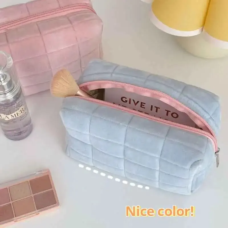กระเป๋าเครื่องสำอางดีไซน์หมอนสีชมพู/ขาว/น้ำเงิน1ชิ้นกระเป๋าใส่ปากกากระเป๋าใส่ดินสอสำหรับนักเรียนความจุขนาดใหญ่
