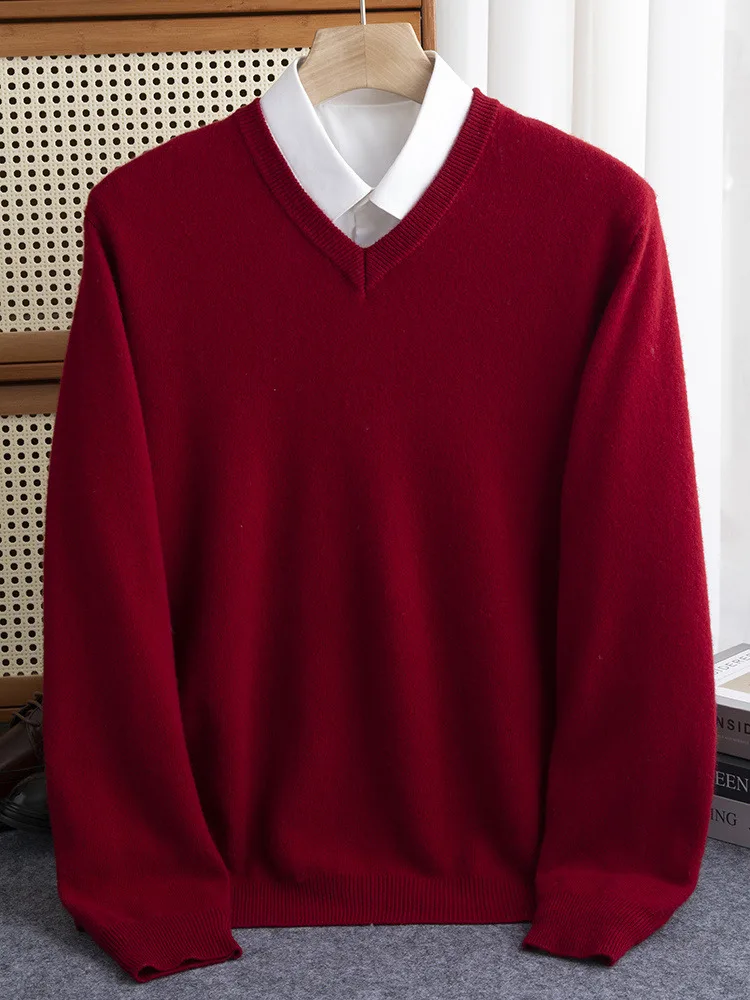ผู้ชาย 100% Merino ขนสัตว์เสื้อกันหนาว V คอฤดูใบไม้ร่วงฤดูหนาวแคชเมียร์อบอุ่นเสื้อถักเสื้อผ้าธุรกิจ Bottoming Soft Tops
