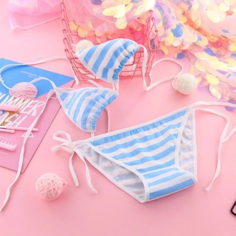 일본 섹시 란제리 로리타 카와이 블루 핑크 화이트 스트라이프 미니 비키니 성인 코스프레 여성 브래지어 속옷 세트 Frenum 수영복