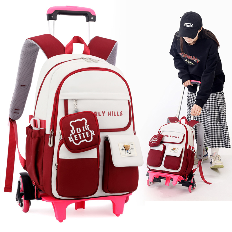 Children School Backpack with Wheels Students School Bags for Girls Trolley Bag Cute Schoolbag Rolling Wheeled Backpack Book Bag