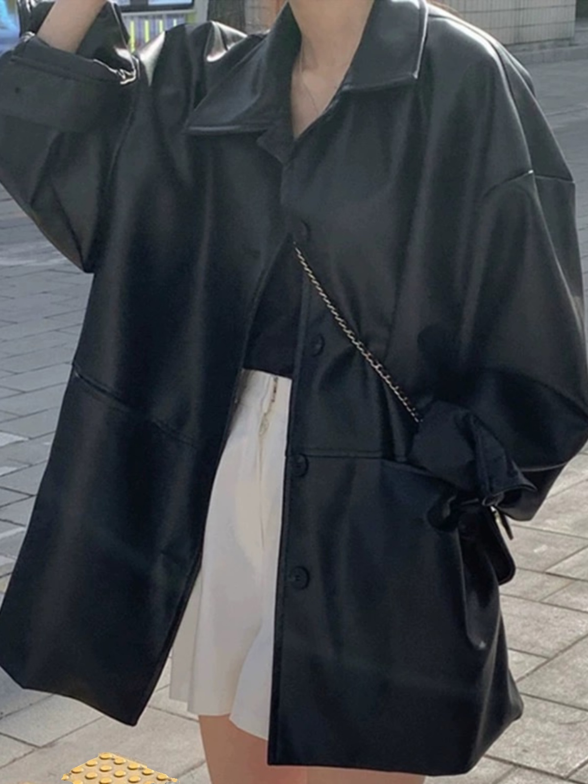 Chic Summer PU Leather Jacket Women's Loose Long Sleeve Polo Collar Single Button Casual Versatile Outerwear Fashionable