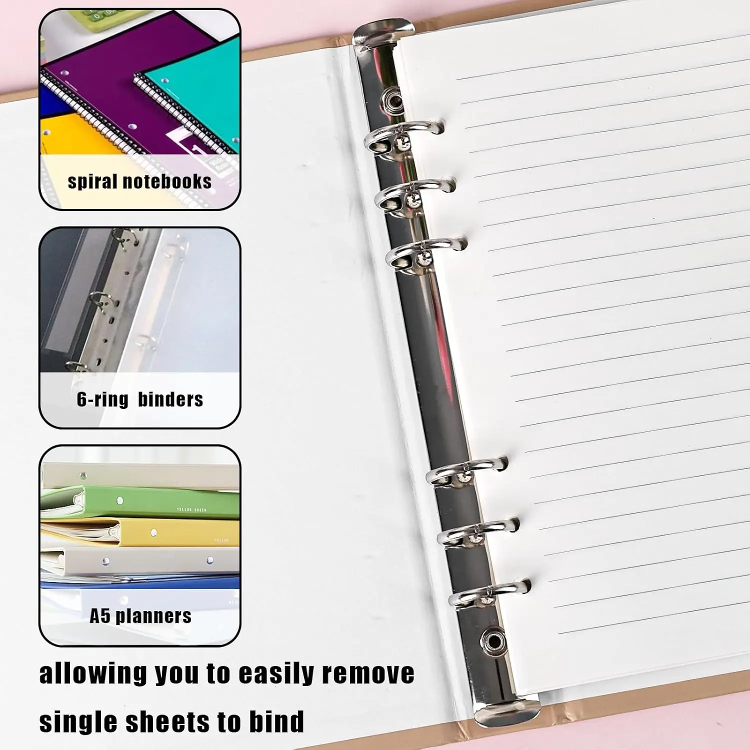 100 Sheets of A5 Six-Hole Loose-Leaf Paper, Kraft Paper Color Horizontal Lines, Notebook Loose-Leaf Book Planner, Binder Folder Replacement Core,