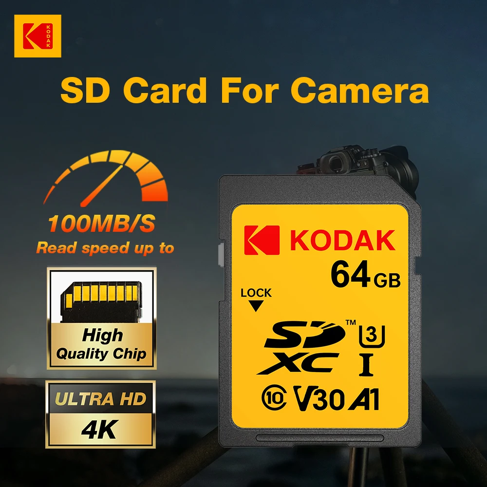 Оригинальная SD-карта Kodak для DSLR-камеры UHS-1 U3 V30 A1 Class10 Карта памяти 256 ГБ 128 ГБ 64 ГБ 32 ГБ Поддержка Ultra HD 4K Video SDXC