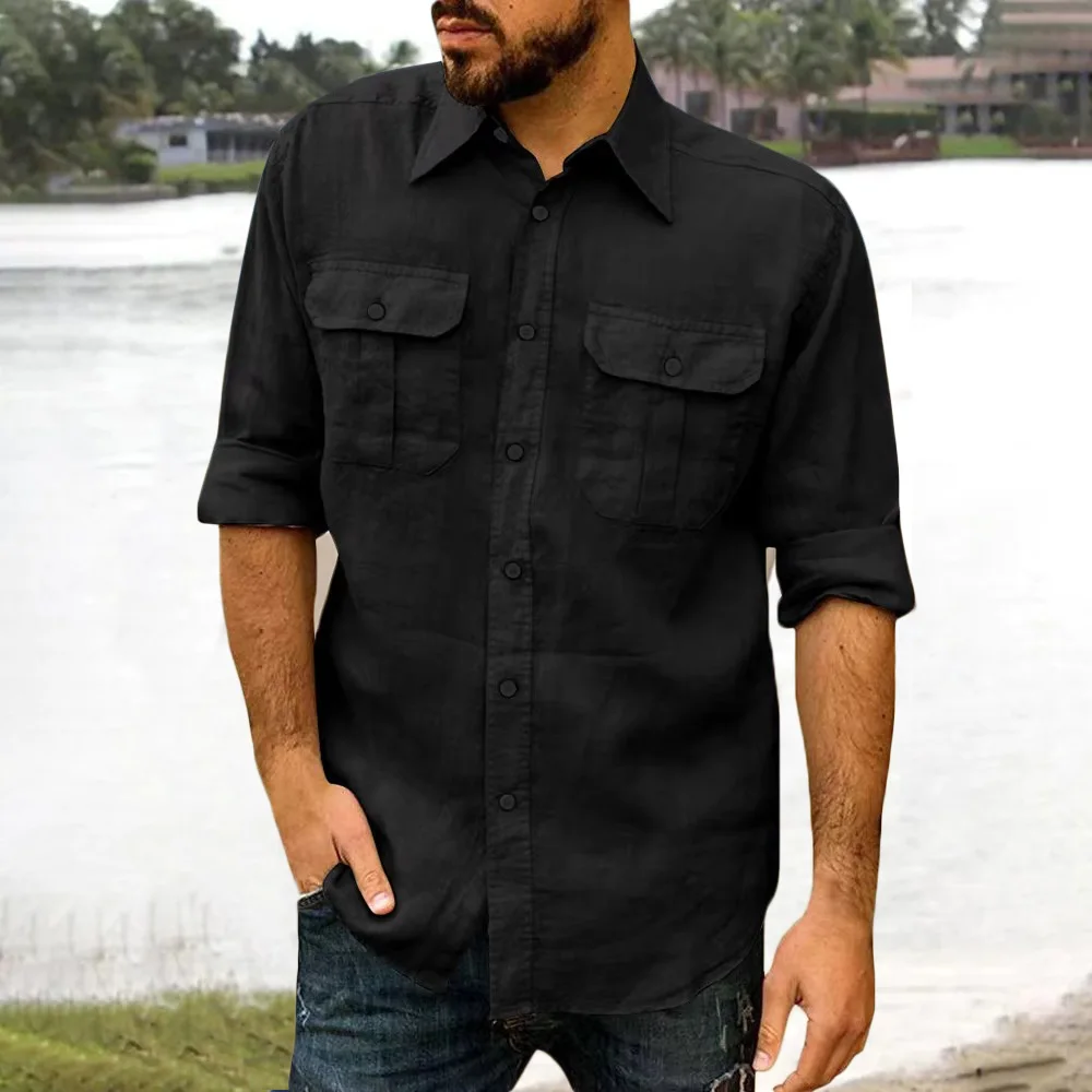 Baumwolle Leinen Herrenhemd Langarm Einfarbig Casual Tops Revers Doppeltasche Design Klassisches Hemd Trendige männliche Kleidung