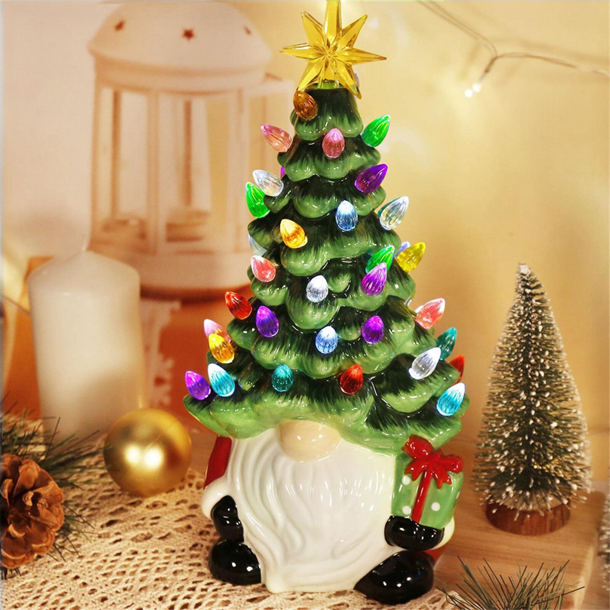 Decorações de Natal - Árvore de Natal de gnomos iluminados de 6,2 polegadas com luzes multicoloridas Pequena mini decoração de férias