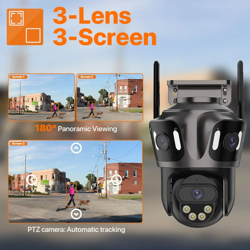 Drie lenzen buiten 4K HD WIFI IP-camera PTZ-camera met drie schermen Ai Menselijke detectie IP66 Waterdichte CCTV-videobewaking iCsee