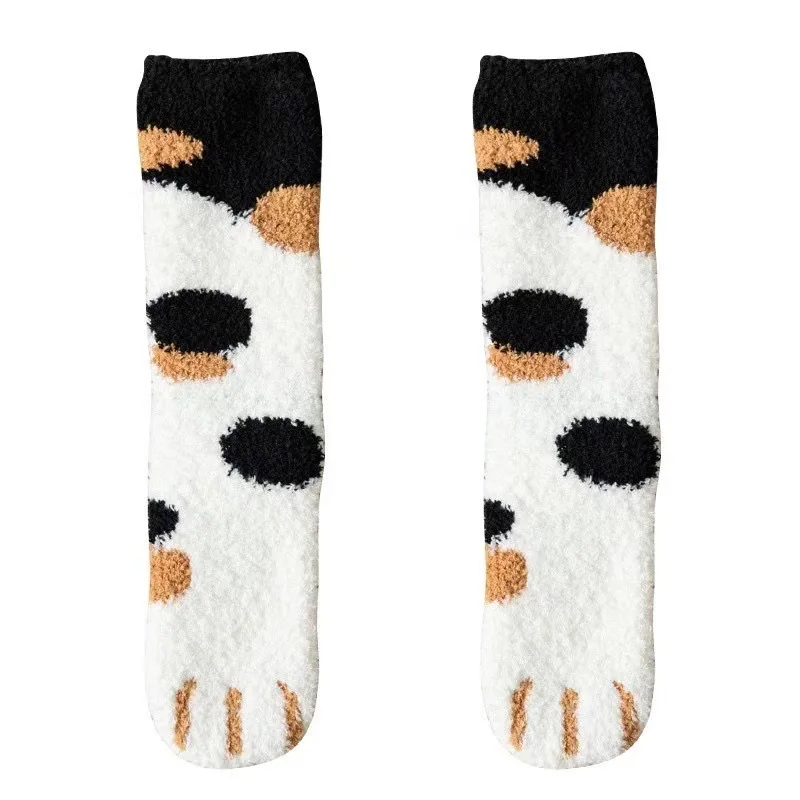 1/6 Pairs Vrouwen Herfst Winter Dikke Warme Kat Poot Patroon Mid Tube Sokken Comfortabele Zweetabsorberende Coral Fleece Casual Sokken