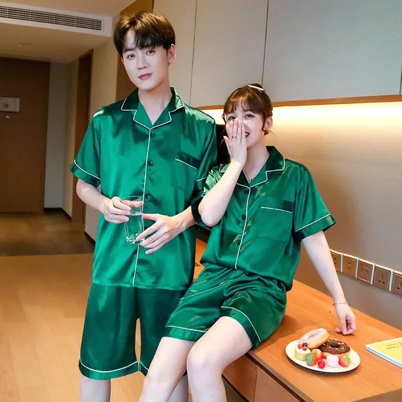 สีทึบชุดนอนผ้าไหมซาตินชุดนอนคู่ชุดแขนสั้นชุดนอน Pijama ผู้หญิงผู้ชาย Loungewear PLUS ขนาด Pj ชุด