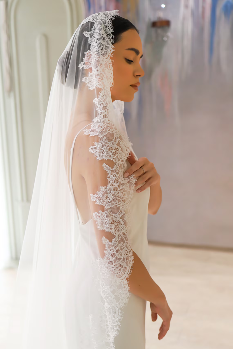 Véu de renda mantilla, véu de noiva de uma camada com acabamento em renda, véu de casamento longo catedral