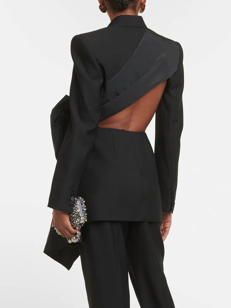 TWOTWINSTYLE Solidna patchworkowa kokardka szykowna marynarka dla kobiet karbowany kołnierzyk z długim rękawem Hollow Out wyszczuplające marynarki moda damska