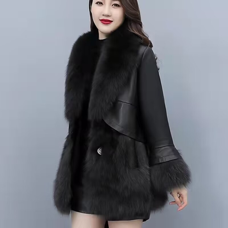 2024 女性ミッドロングスタイルフェイクファージャケット冬の女性 Pu レザースプライシング毛皮生き抜くレディース長袖厚み暖かい毛皮のコート