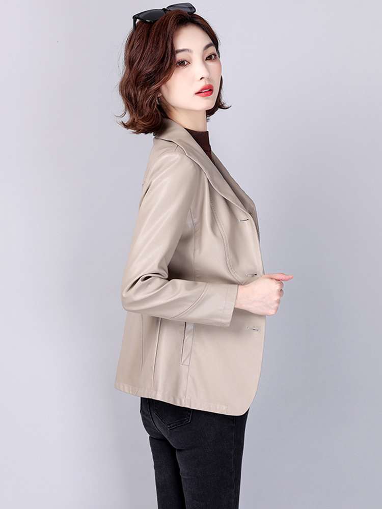 New Women Leather Jacket Spring Autumn Fashion Elegant Turn-down Collar Office Lady Slim Blazer Split Leather Short Coat