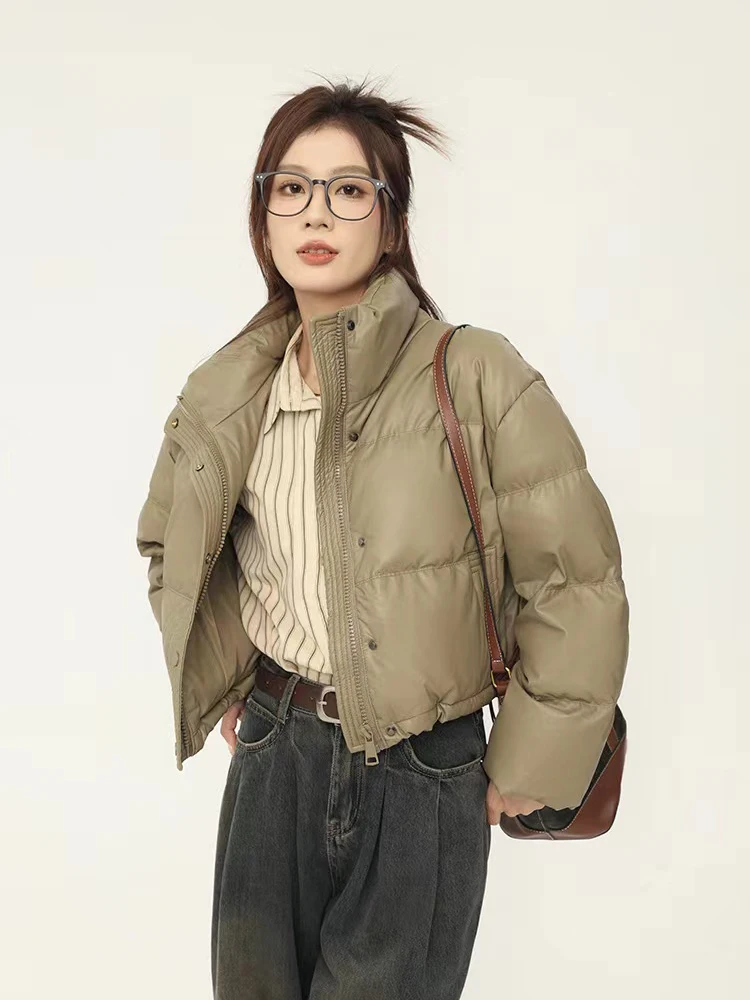 Parkas cortas cálidas de invierno para mujer, chaqueta acolchada corta de cuero Pu a la moda Y2K, ropa informal suelta para mujer, abrigos de manga larga con cremallera