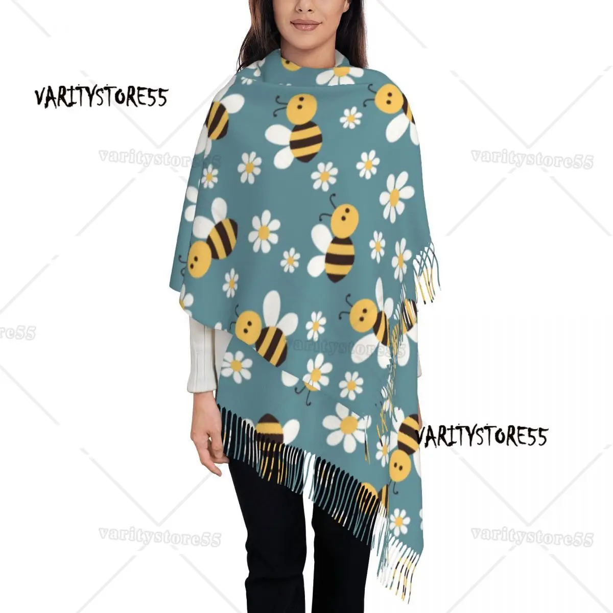 Custom Printed Cartoon Bee And Daisy Flower Pattern Scarf Women Men Winter Fall Warm Scarves Shawls Wraps
