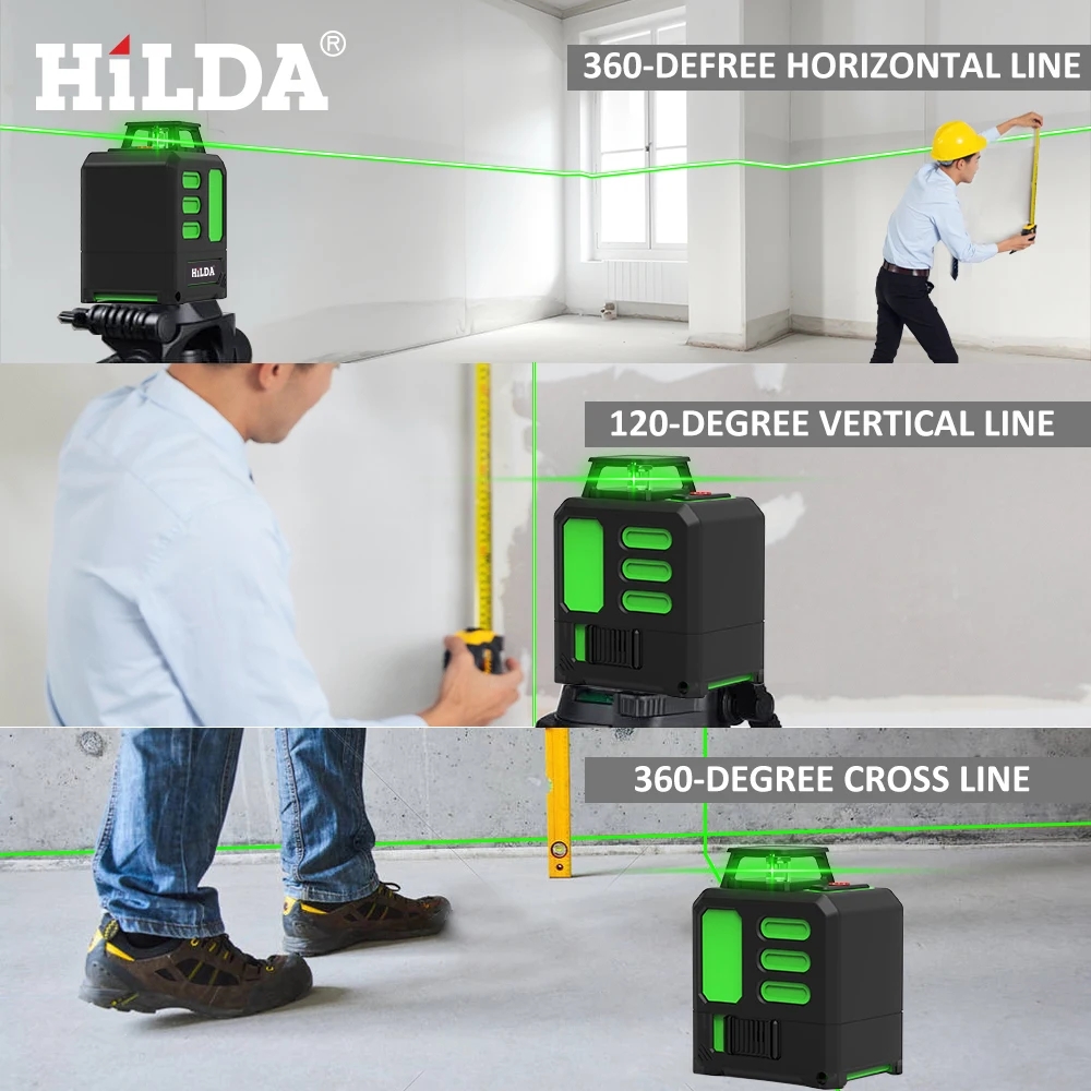 HILDA Laser Level 2 lines/5 Lines 360 Automatic Leveling Level Construction Tool Equipment Green Light Cross Laser Good Gift