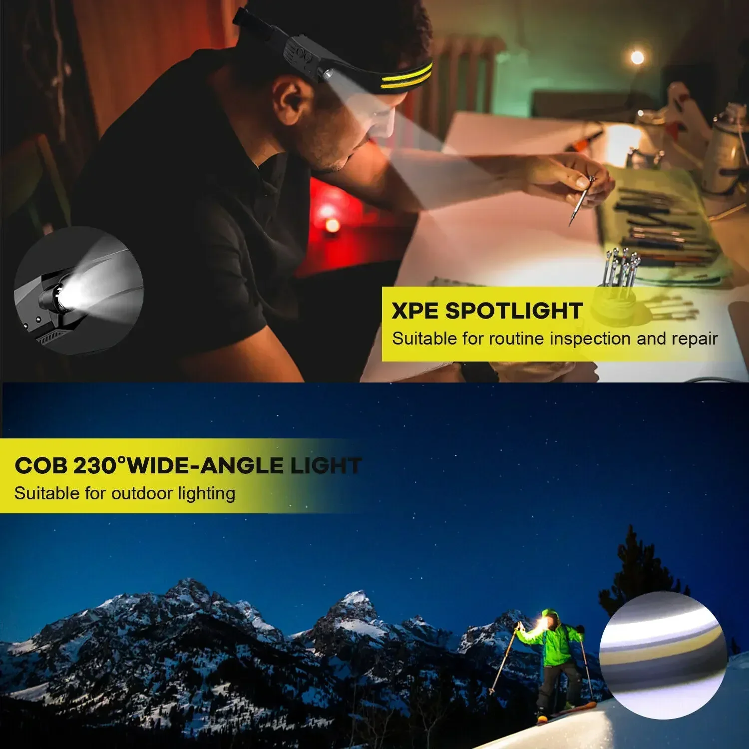 Linterna frontal con Sensor LED recargable por USB XPE + COB, linterna frontal, luz de trabajo, resistente al agua, para pesca, Camping