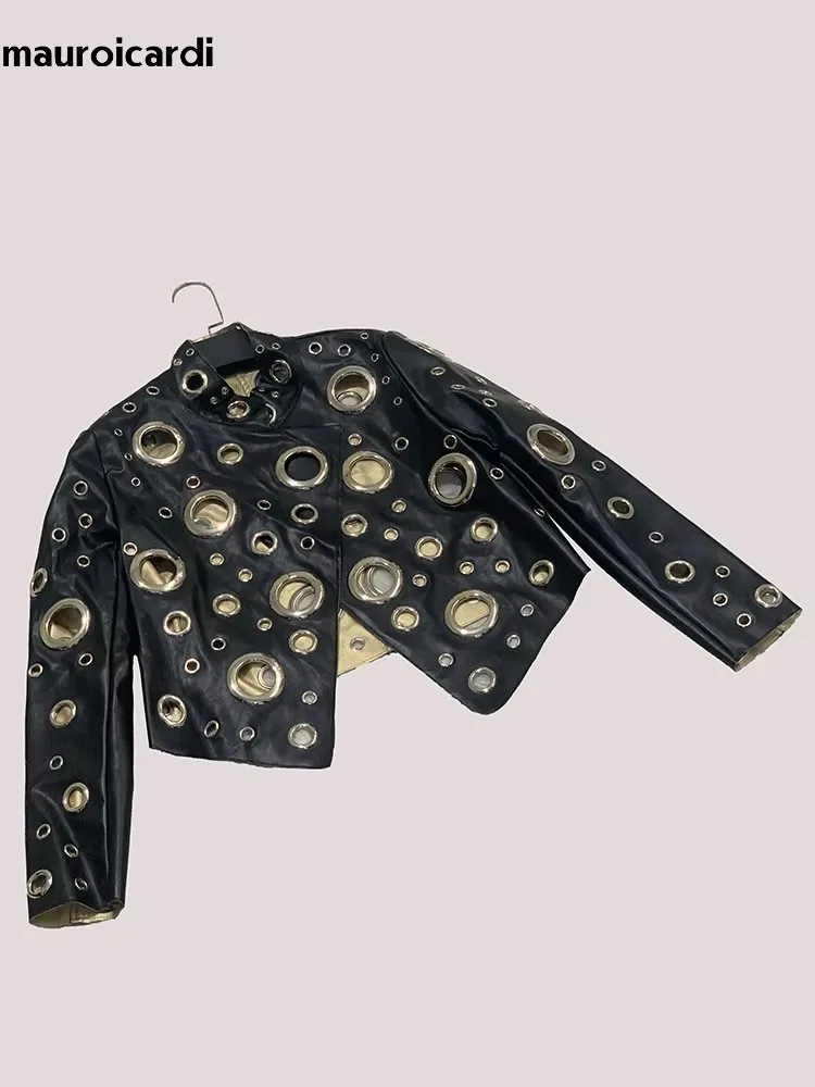 Mauroicardi Frühling Kurze Aushöhlen Patchwork Kurze Pu Leder Jacke Frauen Kühlen Luxus Designer Europäischen Stil Kleidung Mode