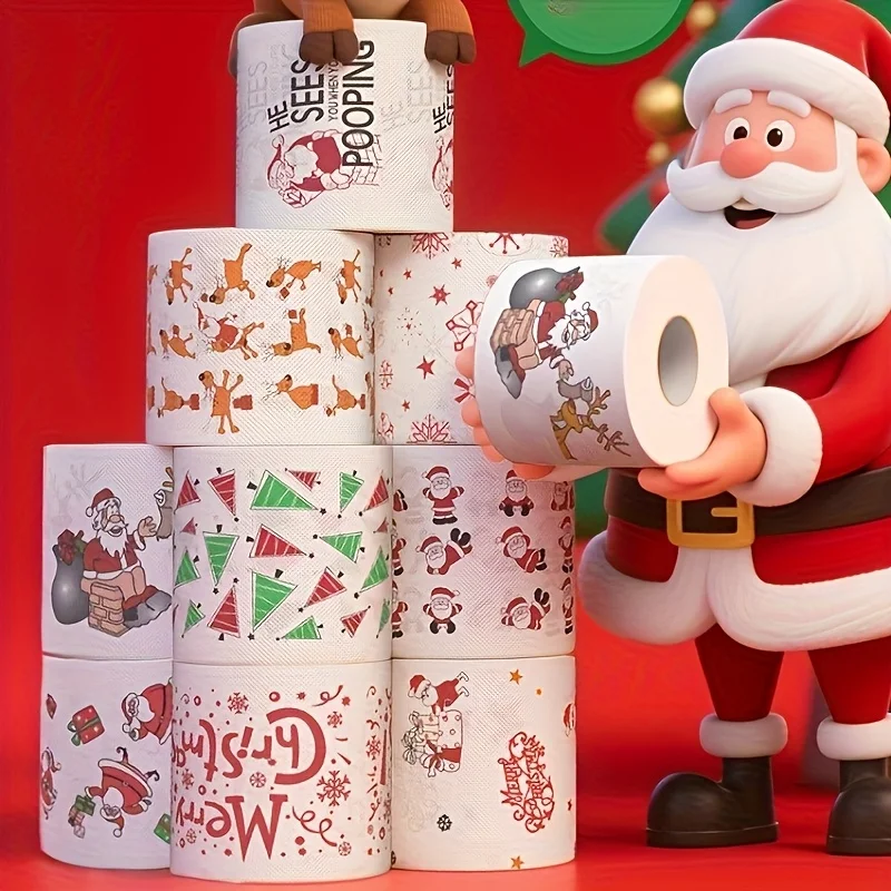 1/5rolls Christmas Toilet Paper Rolls - Festive Santa, Reindeer & Snowman Holiday Prints, Red Top & Evergreen Tree Design