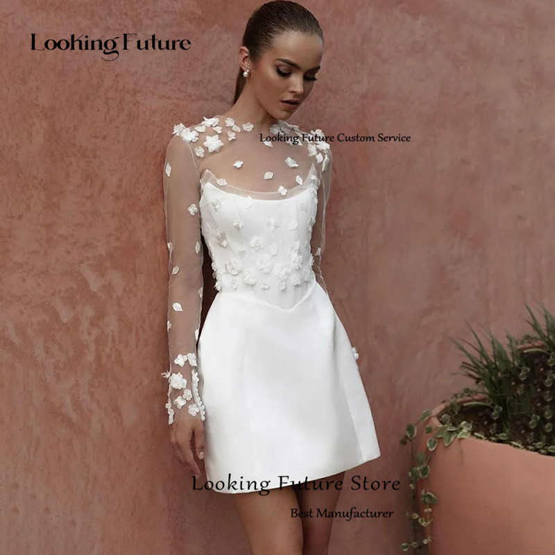 Mini abito da sposa classico a-line personalizzato in raso di pizzo a maniche lunghe fiore 3D sexy senza schienale con abito da sposa senza reggiseno con bottoni