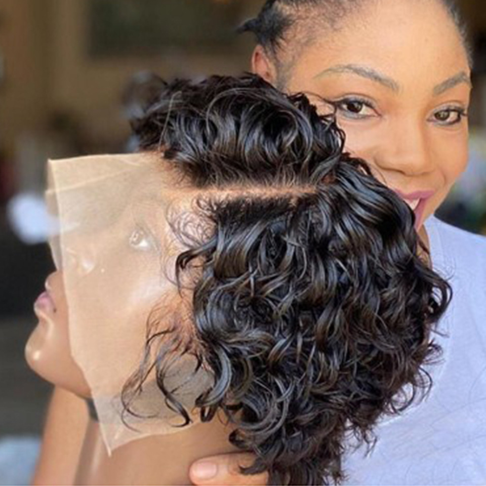 ブラジルのナチュラルボブウィッグ,ショートカーリーピクシーカット,13x4,フロントレース