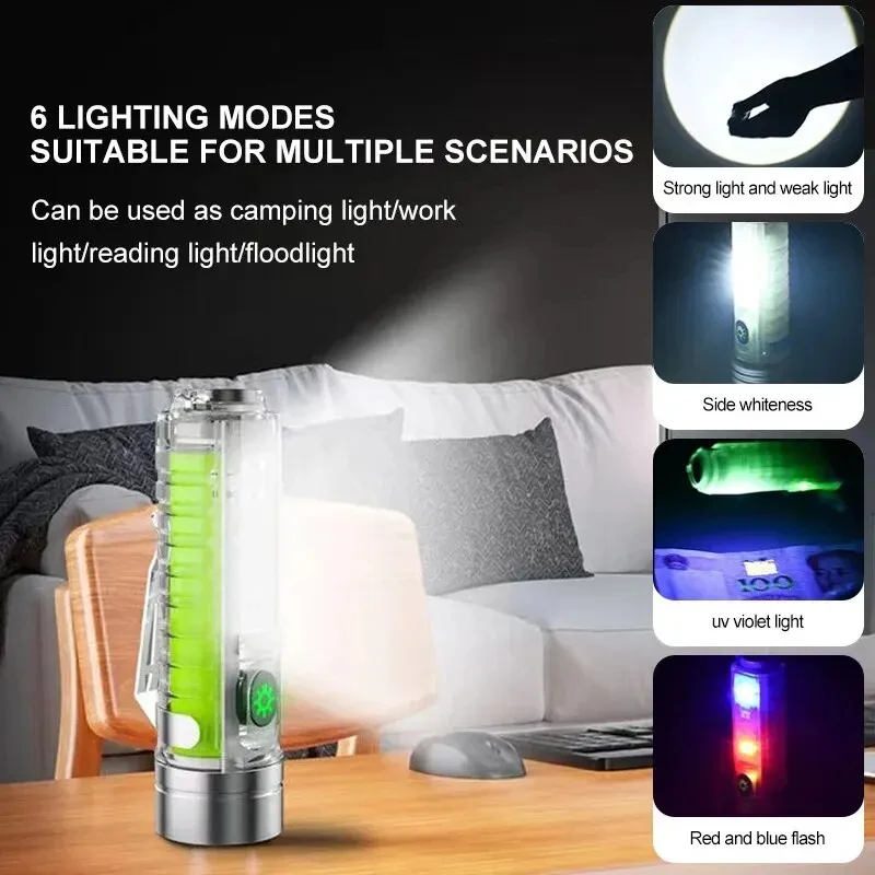 USB C ไฟฉาย LED แบบชาร์จไฟได้ LED MINI พวงกุญแจพร้อมแม่เหล็กหาง Uv Light มัลติฟังก์ชั่นแบบพกพาไฟฉาย Camping ไฟ