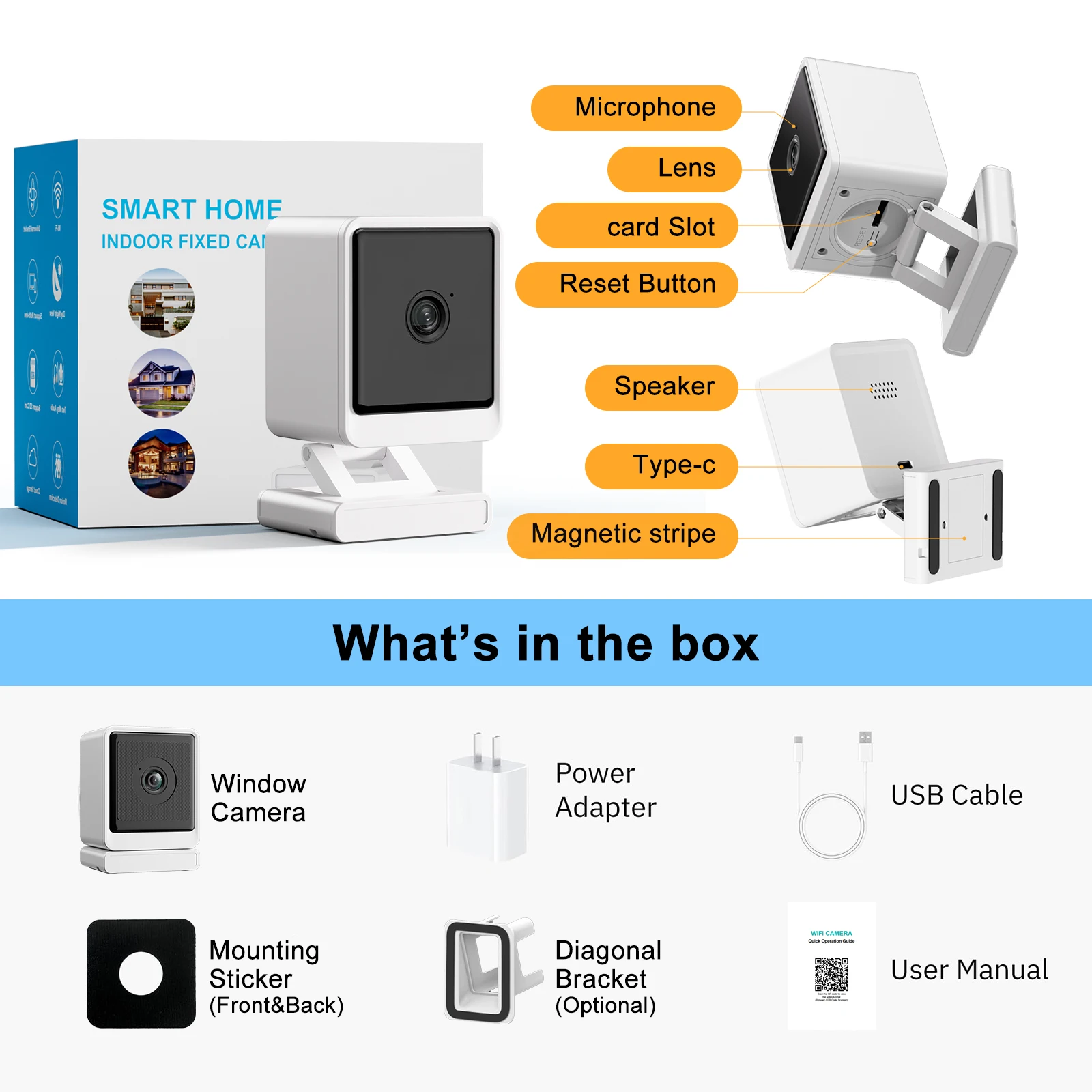 Window Camera Indoor Security 2.4&5Ghz, 110°Wide-angle, With Color Night Vision, Wired 1080p HD Video Camera, 2-Way Audio