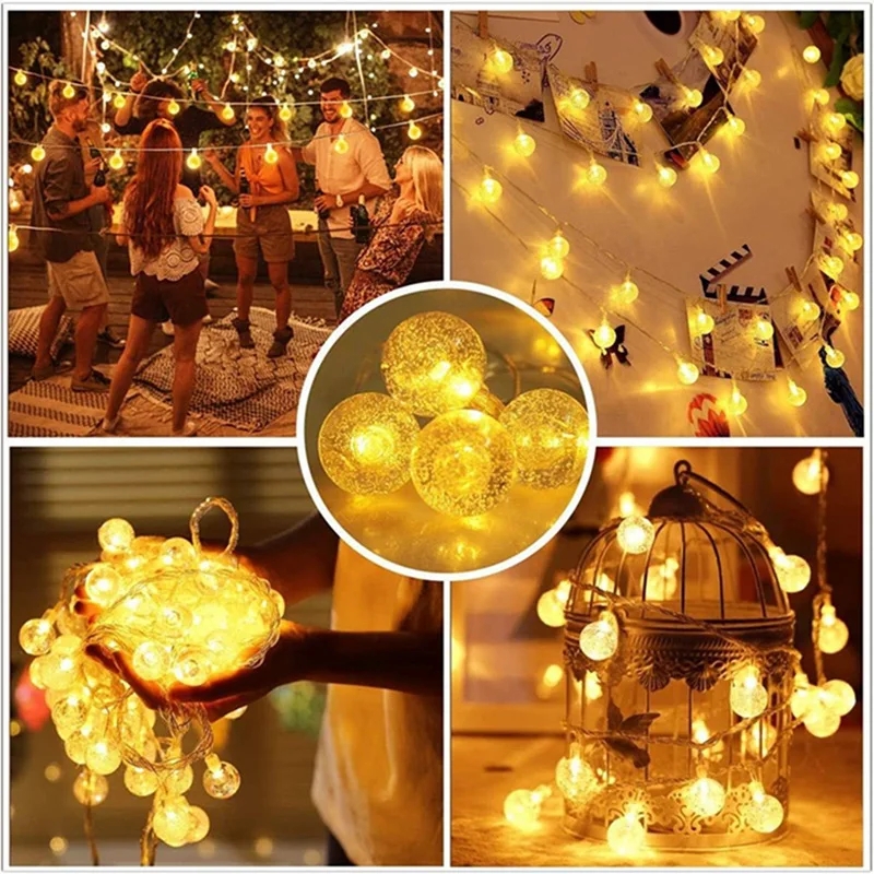 Guirnalda de luces LED de bola de cristal para decoración interior, lámpara de Navidad para vacaciones, funciona con pilas, 1,5-10m, 10/20/40/80 LED