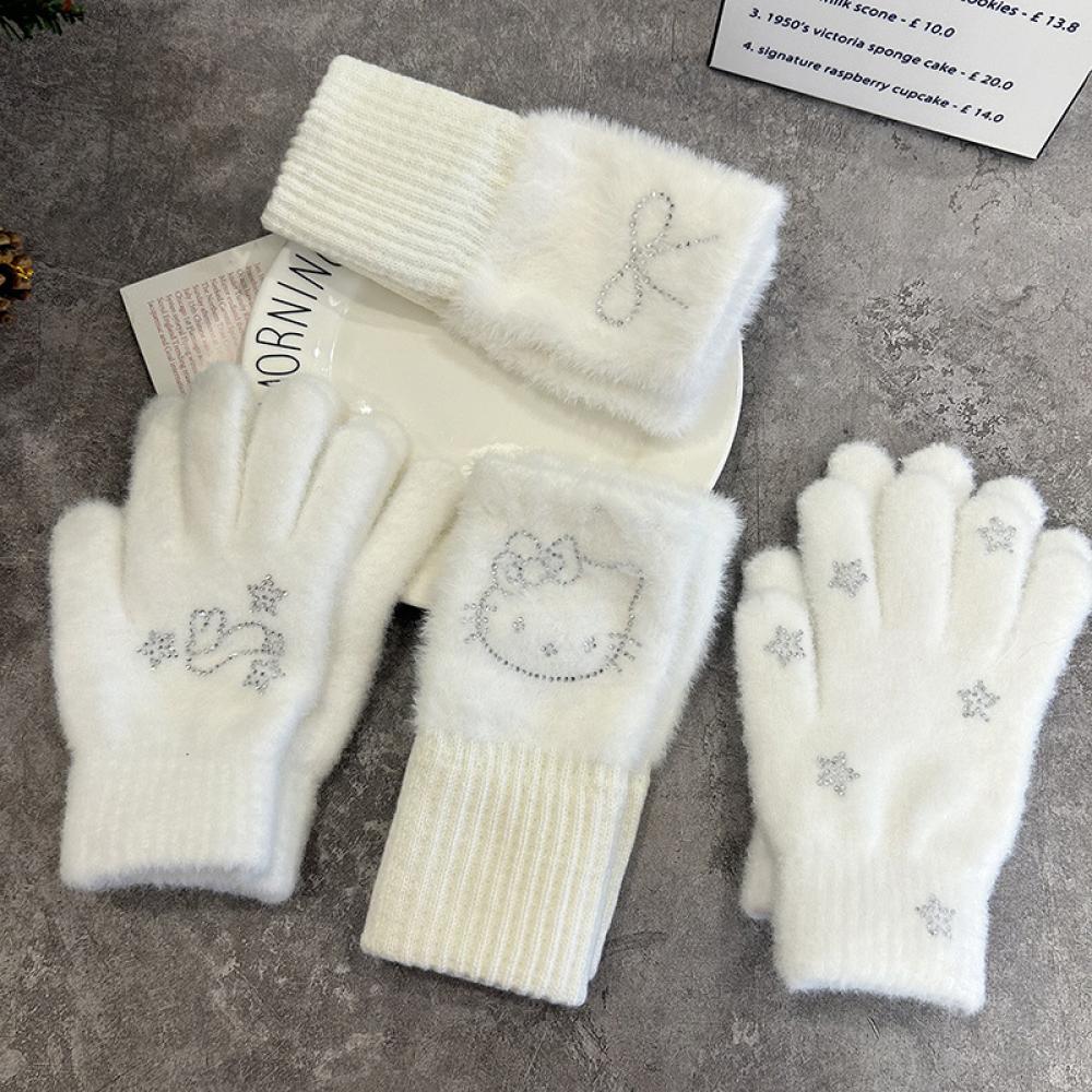 Kawaii Sanrioed Anime Hello Kitty guantes de felpa dibujos animados ciclismo medio dedo guantes suaves gruesos cálidos chica estudiante Festival regalo