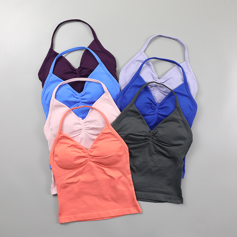 Top de tiras palangre de impacto para mujer, camisetas sin mangas para Yoga, ropa de gimnasio sin espalda fruncida, camisas sin mangas de entrenamiento con sujetador
