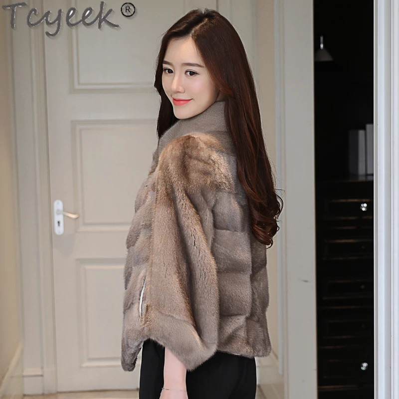 女性のための本物の毛皮のコート,ハイエンド,スタンドカラー付き,ナチュラル,ファッショナブル,冬,2024