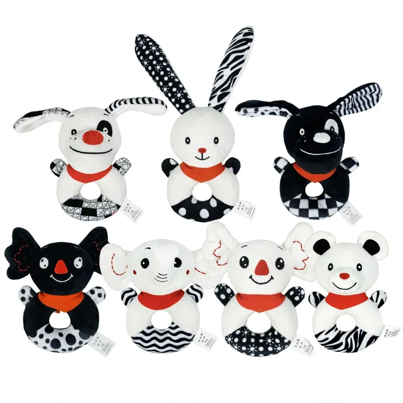 Rattles-赤ちゃん用のぬいぐるみのガラガラ,0〜12か月,黒,白,幼児用ベッド,ベビーカー用の吊り下げ式人形