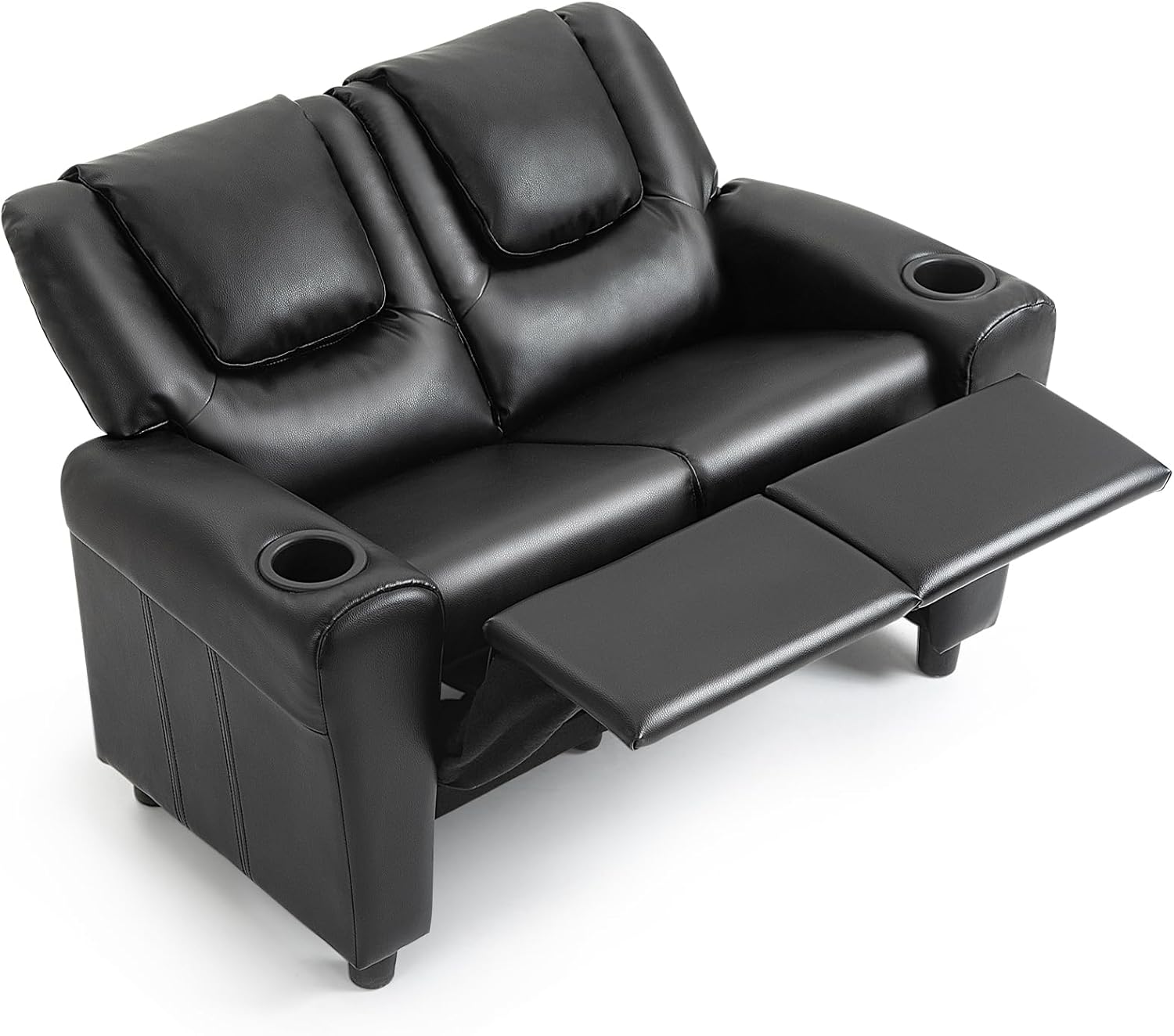 Kids Recliner Chair, Double PU Leather Kids Loveseat w/Cup Holder, Lounge Sofa Chair w/Adjustable Footrest & Headrest for Boys G