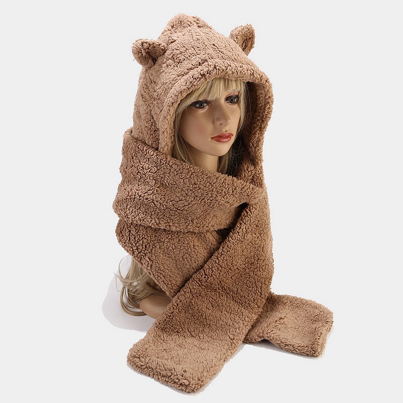 Gorro cálido con orejas de oso, conjuntos de bufanda para mujer y hombre, gorros gruesos de lana de cordero de invierno, gorros cálidos de una pieza, protección para el cuello al aire libre, traje con forro polar