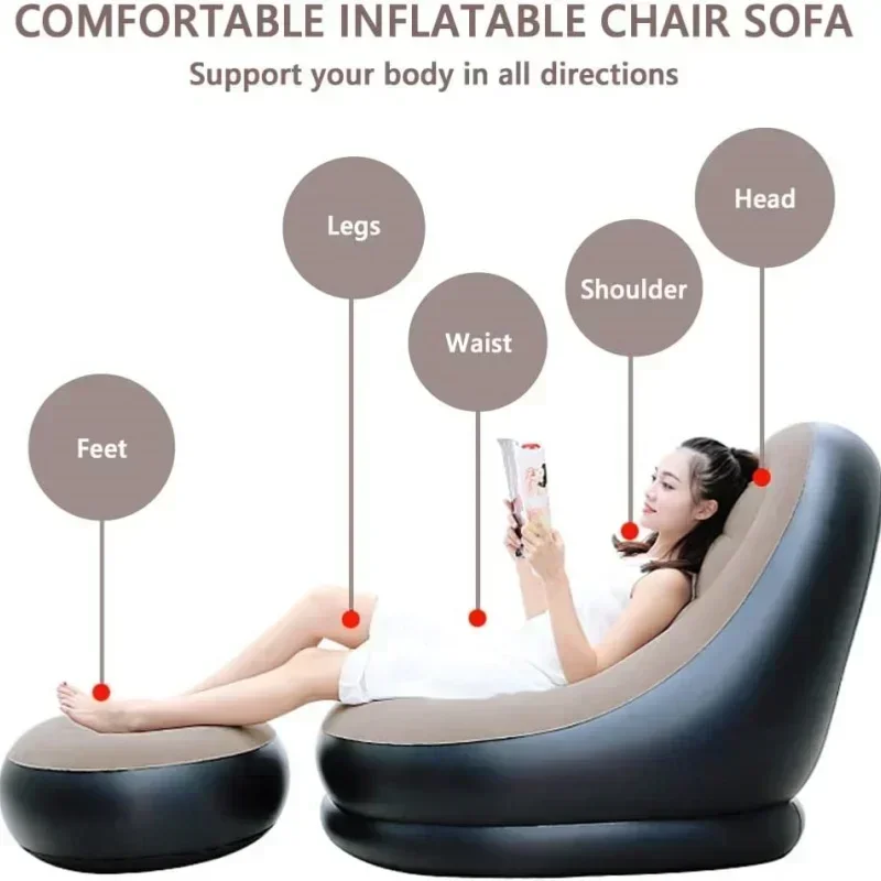 Lazy Couch Sofas Inflatable Chair Foldable Recliner Outdoor Sofa Bed Footstool Portable Folding Air Bed Lunch Lounge Chair Set