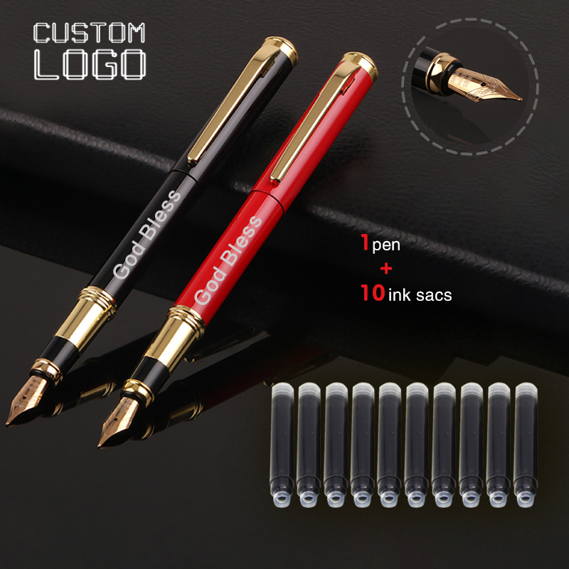 1 bolígrafo + 10 bolsas de tinta con logotipo personalizado gratis, bolígrafo de lujo de Metal, libro de caligrafía para estudiantes, pluma estilográfica, regalo, suministros de oficina y escuela de negocios